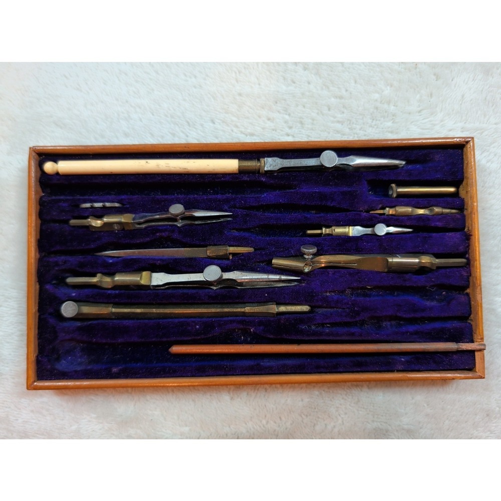 Antique Compas Superieurs Brevete SGDG Drafting Set Rosewood Case French Brass - Picture 8 of 11
